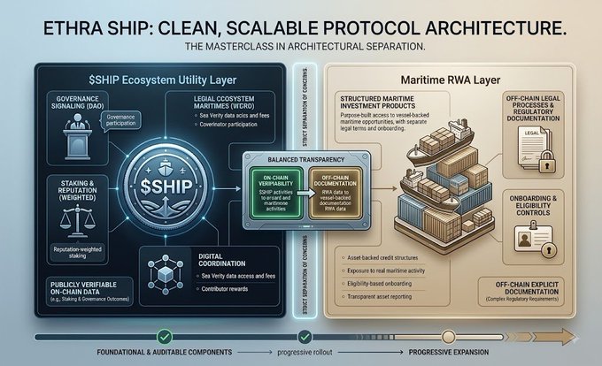 An architectural diagram titled 'ETHRA SHIP: CLEAN, SCALABLE PROTOCOL ARCHITECTURE', illustrating the $SHIP Ecosystem Utility Layer alongside a Maritime RWA Layer with shipping containers and RWA data flows.