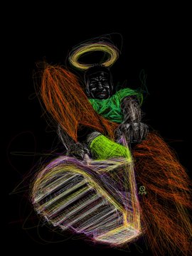 A stylized, colorful illustration of a dark-skinned figure with a glowing halo holding a glowing, grated object against a black background.