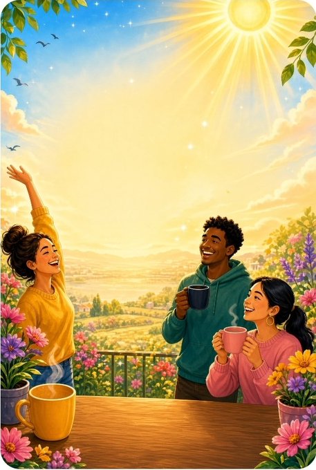 A cheerful illustration of three people at a wooden table enjoying mugs of coffee under a bright sun, surrounded by colorful flowers and a scenic landscape with birds.