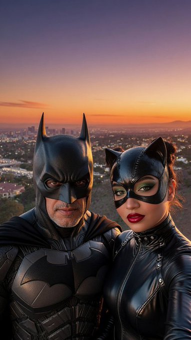 Batman and Catwoman stand side by side in full tactical suits, perched overlooking a sunset skyline that blends Gotham City with a sprawling Los Angeles-style metropolis. The image ties to the post by casting the couple as crime-fighting duo in a real-world Gotham.