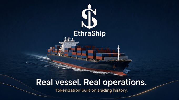 An advertisement for EthraShip featuring a large container ship sailing on the ocean at night, with the text 'Real vessel. Real operations.' and 'Tokenization built on trading history.'