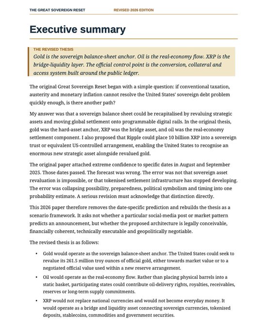 The image displays the opening page of "The Great Sovereign Reset" (Revised 2026 Edition), featuring an Executive Summary with "The Revised Thesis" stating that gold is the balance-sheet anchor, oil is the real-economy flow, and XRP ($XRP) is the bridge-liquidity layer in a public-ledger-based access system. This directly aligns with the accompanying post by presenting XRP as the proposed "neutral digital bridge asset" central to a reimagined global monetary architecture.