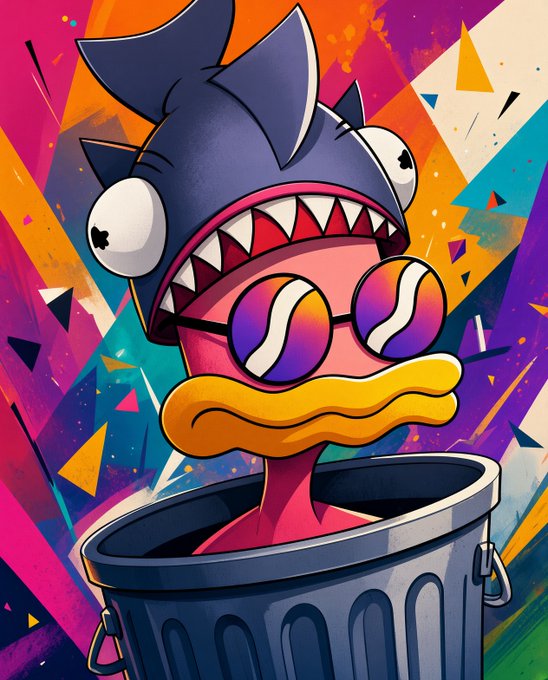 A vibrant cartoon illustration depicts a pink character wearing a shark fin hat, googly eyes, and sunglasses, with a yellow mustache, popping out of a trash can against a colorful geometric background.