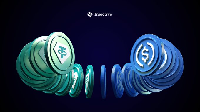 The image shows a stack of blue and green coins, with the blue ones being worth $USDC (United States Dollar Coin) and the green ones being worth Bitcoin. The coins are arranged in two stacks, one on top of the other, against a dark background. The text "Injective" is also present in the image.