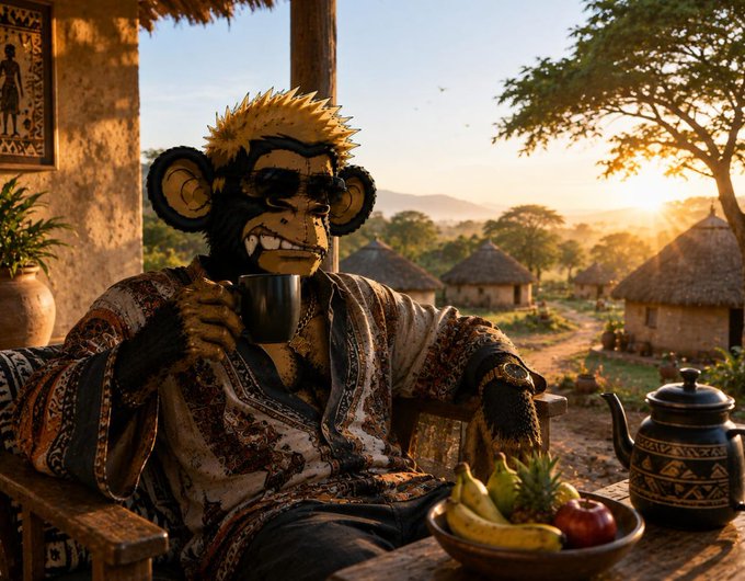An artistic image of an anthropomorphic monkey character wearing sunglasses and patterned clothing, sitting at a table with a teapot and fruit bowl in an African village setting at sunset.