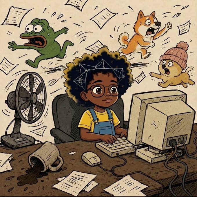 A calm young person with curly hair and glasses sits focused at a desktop computer, surrounded by chaotic flying papers and panicked animals—a stressed frog, a screaming dog, and a flailing dog in a beanie—while a tipped-over coffee mug spills nearby, illustrating the post's message that amidst market turbulence and bearish chaos, $AFRO remains stable and patient investors will be rewarded when the "raise is coming."