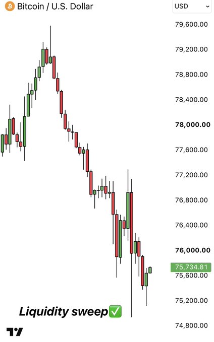 A Bitcoin/USD candlestick chart illustrates a price decline from approximately $79,500 down to $75,734.81, with the annotation "Liquidity sweep ✅" confirming the post's claim of a completed liquidation cluster sweep in the $74.9k–$75.4k zone.