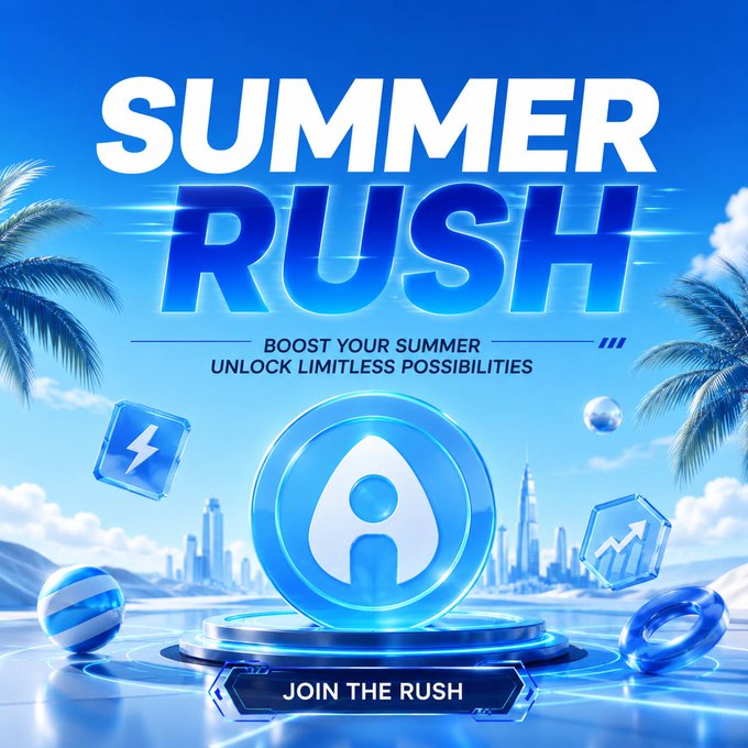 The image is a vibrant promotional graphic for "SUMMER RUSH," featuring bold text and a tropical background with palm trees, a glowing Alaya AI logo, and the tagline "BOOST YOUR SUMMER, UNLOCK LIMITLESS POSSIBILITIES" along with a "JOIN THE RUSH" call-to-action button. It visually supports the post announcing a contest where 20 winners can earn 10 USDT each by following Alaya_AI and joining their Telegram group during the event period.