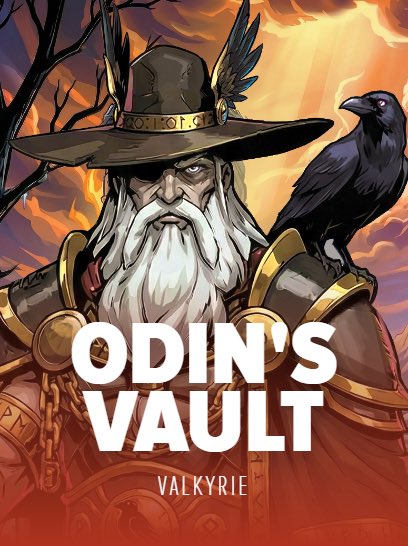 A stylized illustration shows Odin, the Norse god, wearing a feathered wide-brimmed hat with a black raven perched on his armored shoulder, against a fiery orange backdrop with bare tree branches. Bold white text reads "ODIN'S VAULT" with "VALKYRIE" displayed beneath it, branding the promotional slot giveaway.