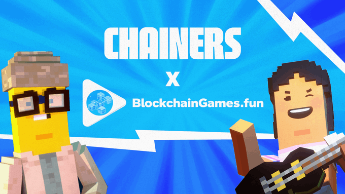 Two blocky, voxel-style characters flank a bright blue graphic announcing the partnership, with the text "CHAINERS x BlockchainGames.fun" prominently displayed alongside the platform's play-button logo featuring a cube icon. The pixelated figures—one with glasses and a beanie on the left, and a guitar-wielding character on the right—visually represent the gaming community collaboration between the two brands.