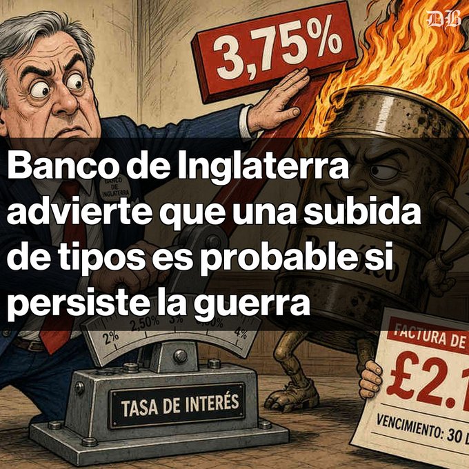 Spanish-language news graphic reading 'Banco de Inglaterra advierte que una subida de tipos es probable si persiste la guerra' (Bank of England warns rate hike likely if war persists), featuring a cartoon banker and a fiery '3.75%' sign above a 'TASA DE INTERÉS' gauge.