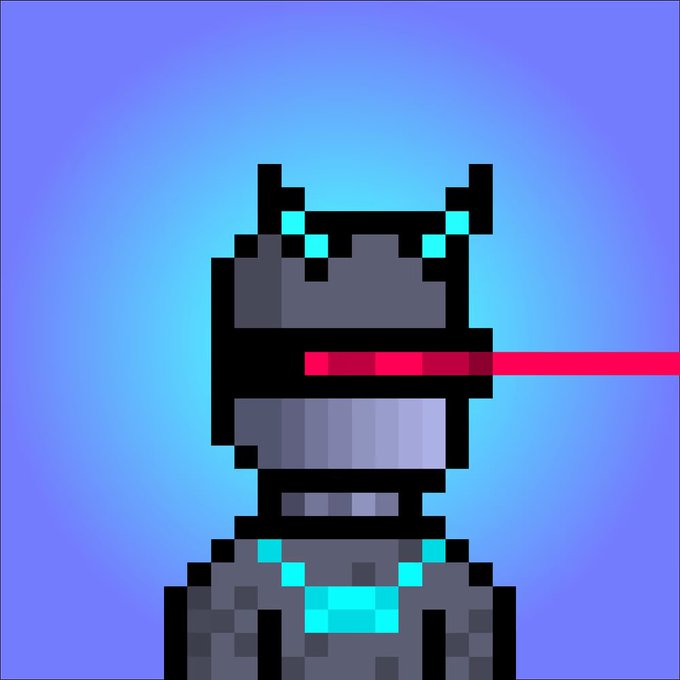 A pixel-art robot with cyan glowing accents on its head and chest fires a red laser beam from its visor, visually matching the post's "lazer focused" caption as the bot (from the @bangerbots collection) appears locked onto its target after being snagged on wETH.