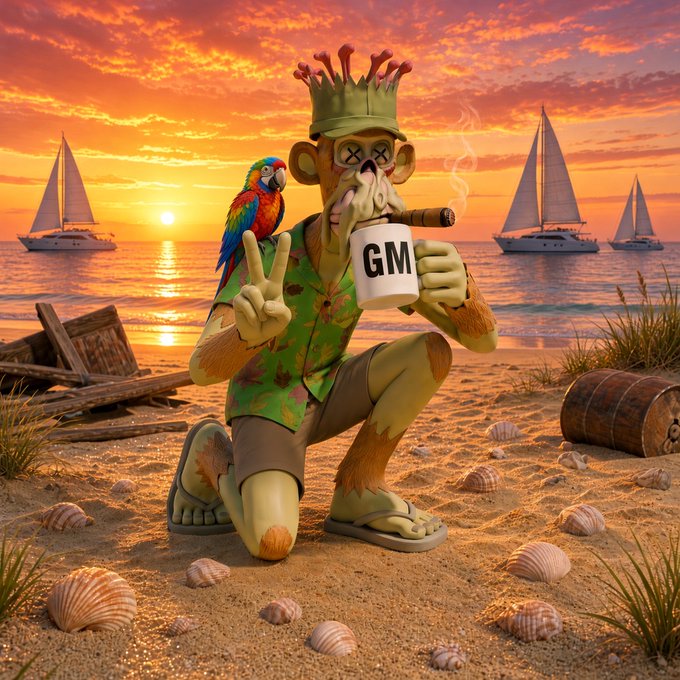 A digital illustration of a Bored Ape Yacht Club-style NFT monkey wearing a crown, smoking a cigar, and holding a coffee mug labeled 'GM' and making a peace sign, set against a sunset beach backdrop with sailboats and a parrot.