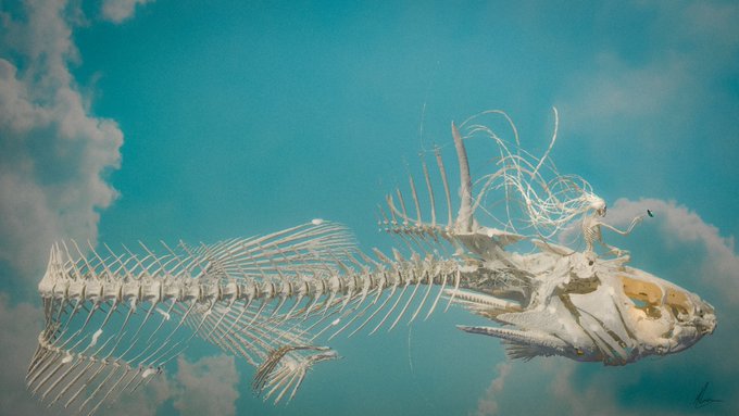 A fish skeleton is displayed against a backdrop of blue sky with fluffy white clouds, evoking the surreal image of the fish "soaring" through the heavens, aligning with the post's theme of flight. The caption references the piece as "Available on SR | 0.3 ETH," indicating its availability as a digital artwork or NFT on a marketplace called SR for 0.3 Ethereum.