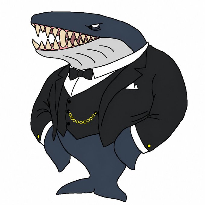 A cartoon illustration of a shark wearing a formal black tuxedo with a white shirt, black bowtie, gold chain, and white pocket square.