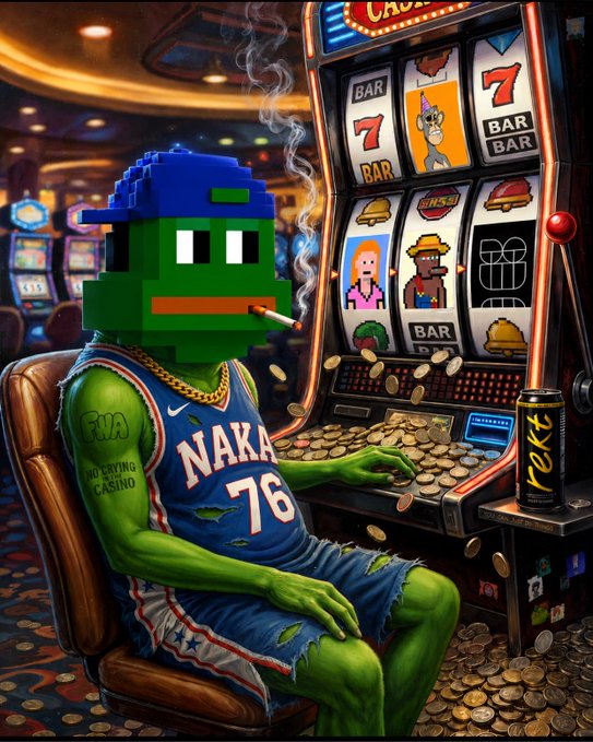 A pixelated green character wearing a blue 'NAKA 76' basketball jersey and cap, smoking a cigarette while sitting at a slot machine in a casino with gold coins scattered around.