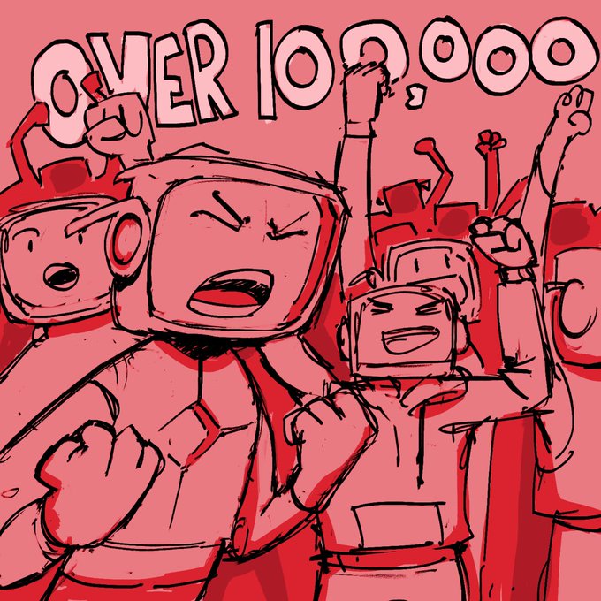 A red-toned cartoon illustration showing characters with television/box heads cheering, with the text 'OVER 10,000' displayed at the top.