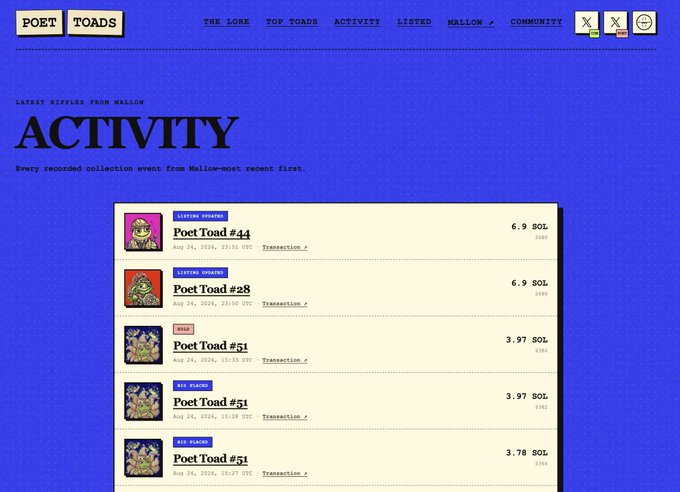 Poet Toads NFT marketplace showing 'ACTIVITY' with latest ripples from Mallow, featuring Poet Toad #44 at 6.9 SOL, Poet Toad #28 at 6.9 SOL, and multiple Poet Toad #51 listings.