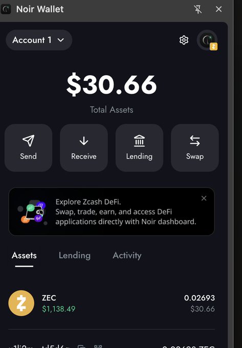 A screenshot of the "Noir Wallet" cryptocurrency dashboard shows a total balance of $30.66 with options for Send, Receive, Lending, and Swap, displaying a ZEC asset valued at $1,138.49.