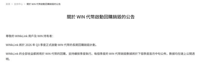 An official WINkLink announcement titled "關於 WIN 代幣啟動回購銷毀的公告" (Announcement on the Launch of WIN Token Buyback and Burn) outlines the long-term quarterly buyback-and-burn plan starting Q3 2026, which the post cites as a key catalyst behind WIN's ~18.1% price rise from $0.00002104 on July 6 to around $0.00002484.