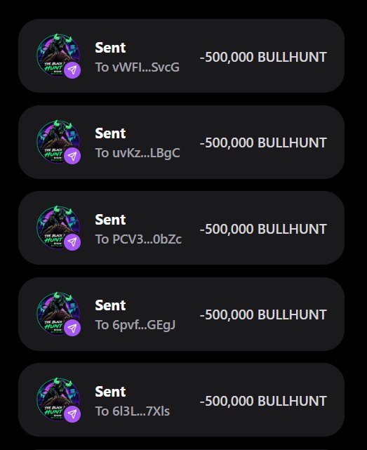 A screenshot showing multiple sent transactions of -500,000 $BULLHUNT each to various Solana addresses, supporting the post's claim of distributing 500k BULLHUNT airdrops to the first 555 wallets who engage with the promotional post.