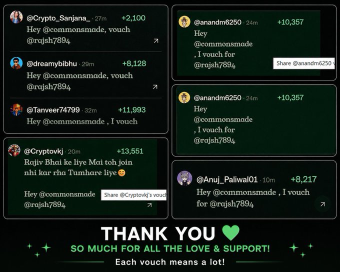 A collage of Twitter/X comments showing users vouching for '@commonsmade' and '@rajsh7894', with point totals and the text 'THANK YOU SO MUCH FOR ALL THE LOVE & SUPPORT! Each vouch means a lot!'