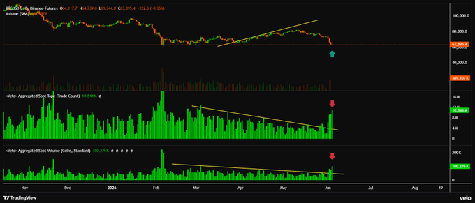 The image displays a graph that shows the price movements for Bitcoin over time, with a focus on the decreasing spot volume leading up to the current position of the cryptocurrency. There are various markers indicating different levels of price movement within this period. The post also provides information about Bull Traps and how they affect Bitcoin's spot price. The overall message suggests that Bitcoin has experienced significant drops in its value, primarily driven by market manipulation tactics. This information is crucial for anyone interested in investing or monitoring the cryptocurrency market.