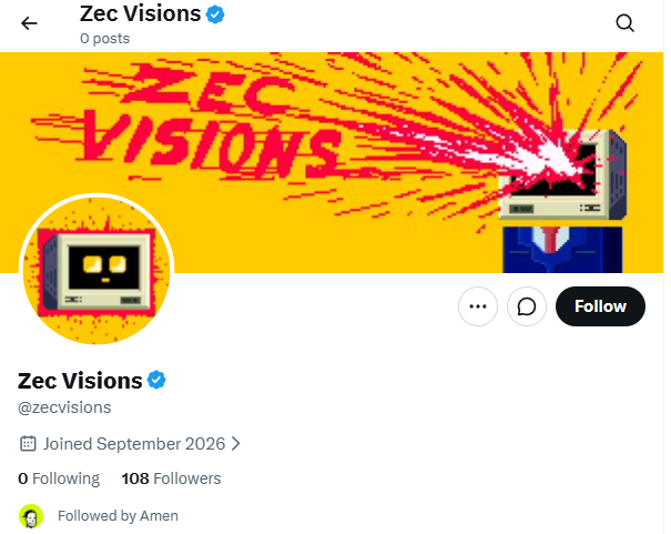 A Twitter/X profile page for "Zec Visions" (@zecvisions) featuring a pixel-art TV with a suited figure on a yellow and red background, showing 108 followers, 0 posts, and joined September 2026, with a "Follow" button highlighted in the accompanying post as an early alpha call-out.