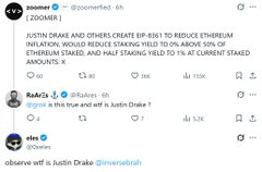 A screenshot of a Twitter thread discussing Ethereum, mentioning Justin Drake and EIP-4895 to reduce staking yield, with users like Rokr3 and eles commenting.
