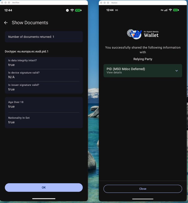 Two mobile app screens from the EU Digital Identity Wallet, showing a 'Show Documents' verification page (doctype: eu.europa.ec.eudl.pid.1) and a confirmation screen that the user successfully shared PID information with a Relying Party.