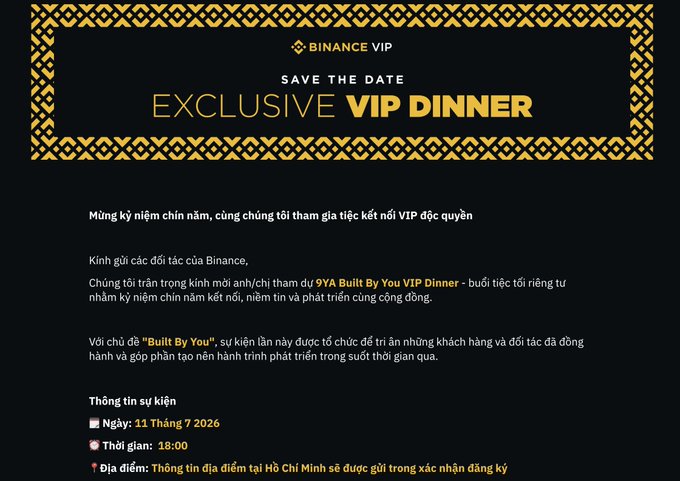 A Binance VIP dinner invitation card with an elegant black and gold ornamental border, announcing a 9th anniversary exclusive dinner on July 11, 2026, at 6:00 PM, with the location to be revealed upon registration confirmation—matching the post about Binance inviting members to celebrate their 9-year milestone dinner.