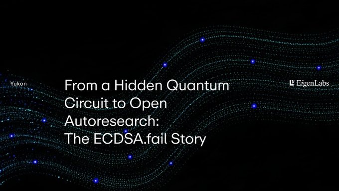 A title card on a dark, starry background reads "From a Hidden Quantum Circuit to Open Autoresearch: The ECDSA.fail Story," featuring the EigenLabs logo and "Yukon" branding, introducing the collaborative effort behind exposing the ECDSA vulnerability with 100+ contributors from organizations including Theta Network, Ethereum Foundation, StarkWare, and Trail of Bits.