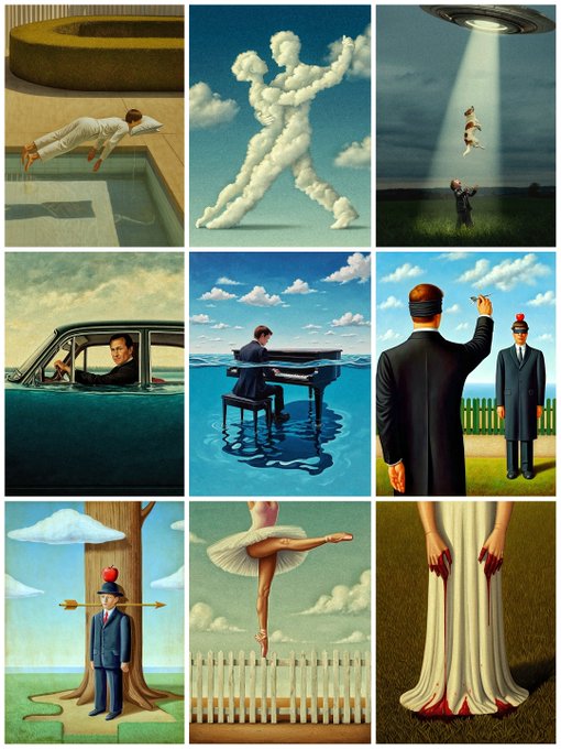 A 3x3 collage of surreal paintings featuring various dreamlike scenes including people made of clouds, a man falling into water from a floating object, a giant hand, a piano player on water, and a man with an apple on his head.