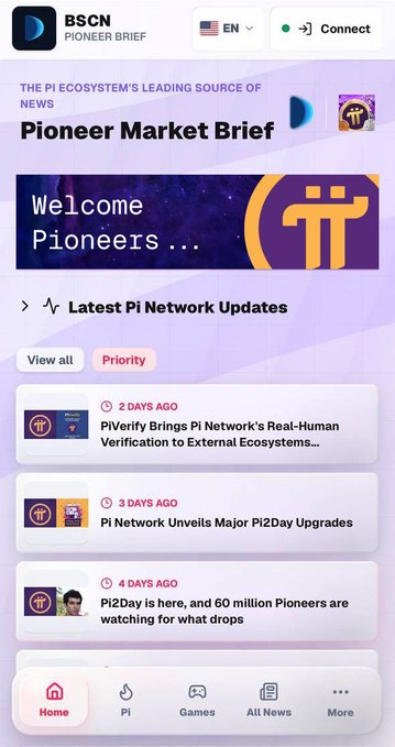 The image shows the redesigned Pi Browser homepage with a new purple "Pioneer Market Brief" theme, featuring a welcome banner, latest network updates (including PiVerify, Pi2Day upgrades, and 60 million Pioneers), and a navigation bar. The new layout and visual improvements reflect the recent cosmetic updates announced by the Pi Core Team.