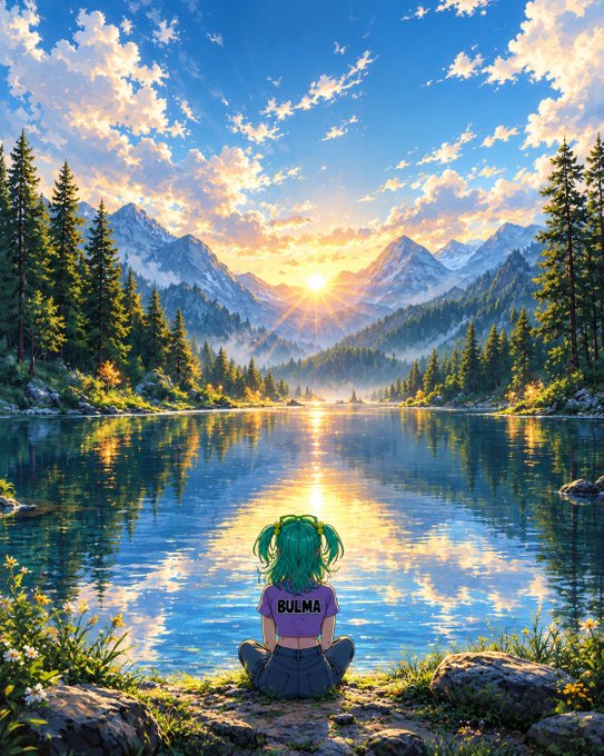 An anime-style illustration shows a character with teal hair wearing a shirt labeled "BULMA" sitting by a mountain lake at sunset.