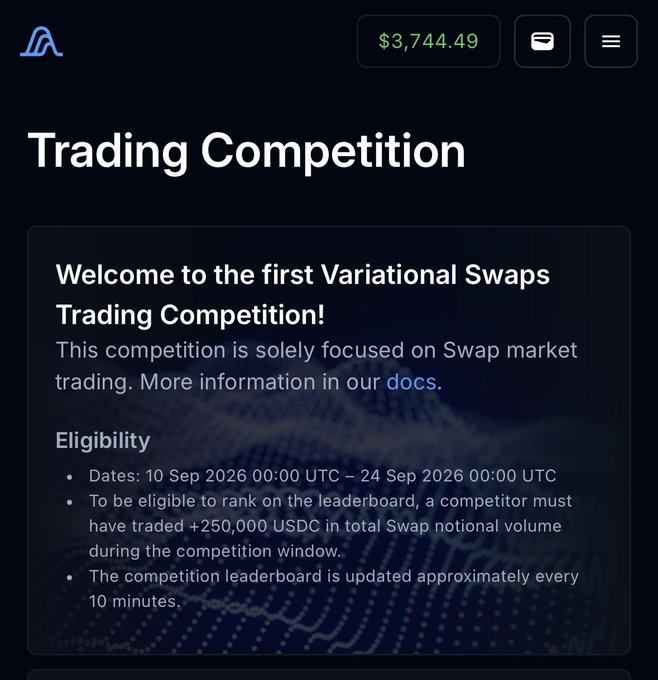 A webpage announcement for the first 'Variational Swaps Trading Competition' on a platform (showing $3,744.49), with eligibility dates from 10 Sep to 24 Sep 2026 and a minimum trading requirement of 250,000 USDC.