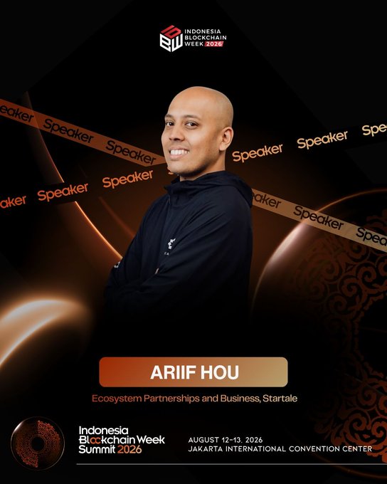 Speaker promotional graphic for "ARIIF HOU" (Ecosystem Partnerships and Business, Startale) at the Indonesia Blockchain Week 2026 and Blockchain Summit, held August 12-13, 2026 at the Jakarta International Convention Center.