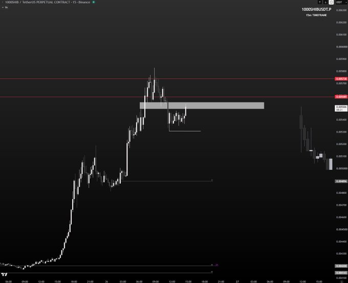A TradingView 15-minute candlestick chart of the 1000SHIBUSDT perpetual contract on Binance, showing key resistance and support levels marked with red and green lines.