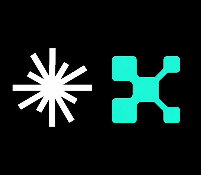 The image displays two logos side by side on a black background: a white starburst/sunburst emblem on the left and a teal interconnected node symbol resembling a stylized "K" on the right, representing the Aura and Kaito brands featured in the post about Aura's potential role in the Kaito Katalyst program.