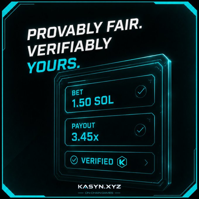 A neon teal and black promotional graphic for 'KASYN.XYZ ON-CHAIN GAMES' advertises a provably fair betting interface showing a bet of 1.50 SOL, a 3.45x payout, and a 'VERIFIED' stamp.