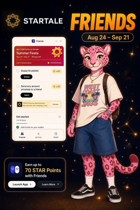 A promotional graphic for 'STARTALE FRIENDS' campaign from Aug 24 – Sep 21 features a pink leopard mascot character wearing a 'WET SAND VIBES' shirt next to a phone screen showing tasks to earn STAR Points.