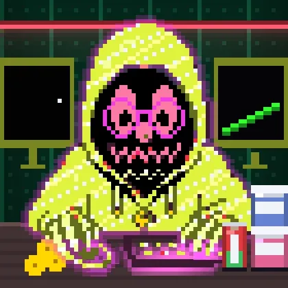 A pixel art image of a yellow-hooded skull-faced character at a computer, with dark monitors and soda cans on the desk.