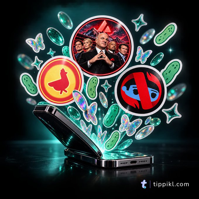 A digital illustration of a smartphone emitting glowing gems and butterflies, with circular insets showing characters from the TV show "Shark Tank" and three different logos, branded with 'tippikl.com' at the bottom right.