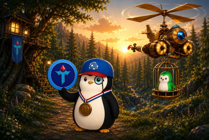A 3D-rendered fantasy scene featuring a penguin wearing a blue cap and a gold medal holding a blue token, standing near a steampunk helicopter with a smaller penguin in a cage suspended below.