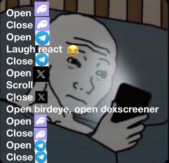 A grayscale Wojak meme character smiles while looking at a phone, overlaid with a humorous list of app actions including "Open birdeye, open dexscreener" alongside icons for Discord, Telegram, and X (Twitter), with a "Laugh react" featuring a crying-laughing emoji.