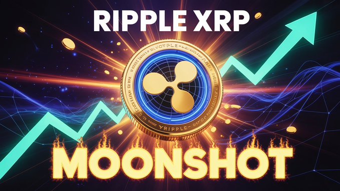 A promotional graphic featuring Ripple XRP cryptocurrency with 'MOONSHOT' text in fiery letters and upward trending arrows.