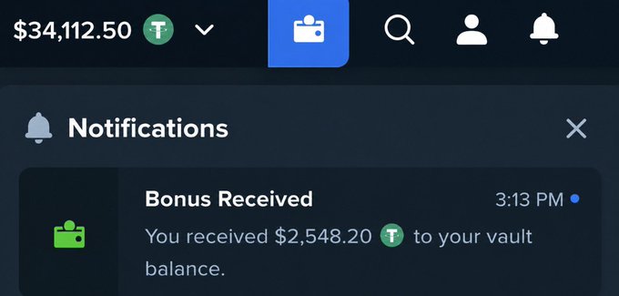 A Stake.com notifications panel displays a "Bonus Received" alert showing $2,548.20 USDT added to the user's vault balance at 3:13 PM, confirming the bonus mentioned in the post, while the account balance shows $34,112.50 in the top corner.