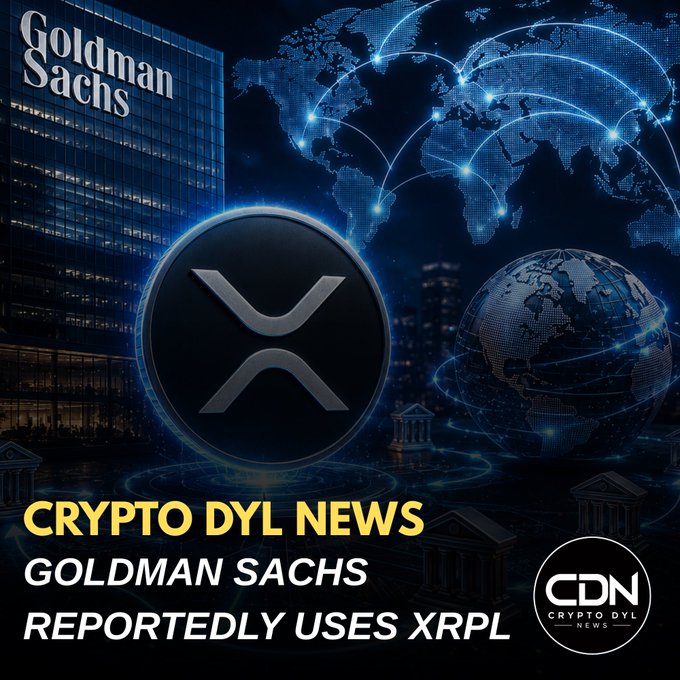 The image is a news graphic featuring the Goldman Sachs logo in the background alongside a prominent XRP token emblem, with text reading "CRYPTO DYL NEWS - GOLDMAN SACHS REPORTEDLY USES XRPL" and a digital globe displaying global connections. The accompanying post about Goldman Sachs reportedly using XRPL aligns with the image's theme, visually representing the rumored adoption of Ripple's XRP Ledger by the major financial institution.
