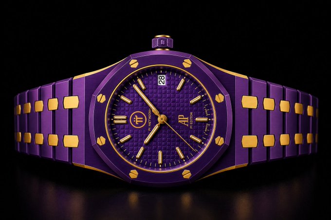 A purple and gold luxury wristwatch with "AP" and "HODINKEE" logos on the dial is displayed against a black background.