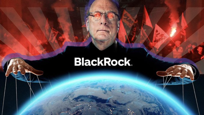 An image shows a puppet-like figure of BlackRock CEO Larry Fink with glowing red eyes, controlling strings attached to Earth, set against a backdrop of red-hued protests and flames, with the "BlackRock" logo across his chest. The visual symbolizes BlackRock's perceived influence and control over global markets, complementing the post's discussion of Larry Fink's bullish $700,000 Bitcoin price prediction as a sign of institutional power over the cryptocurrency space.